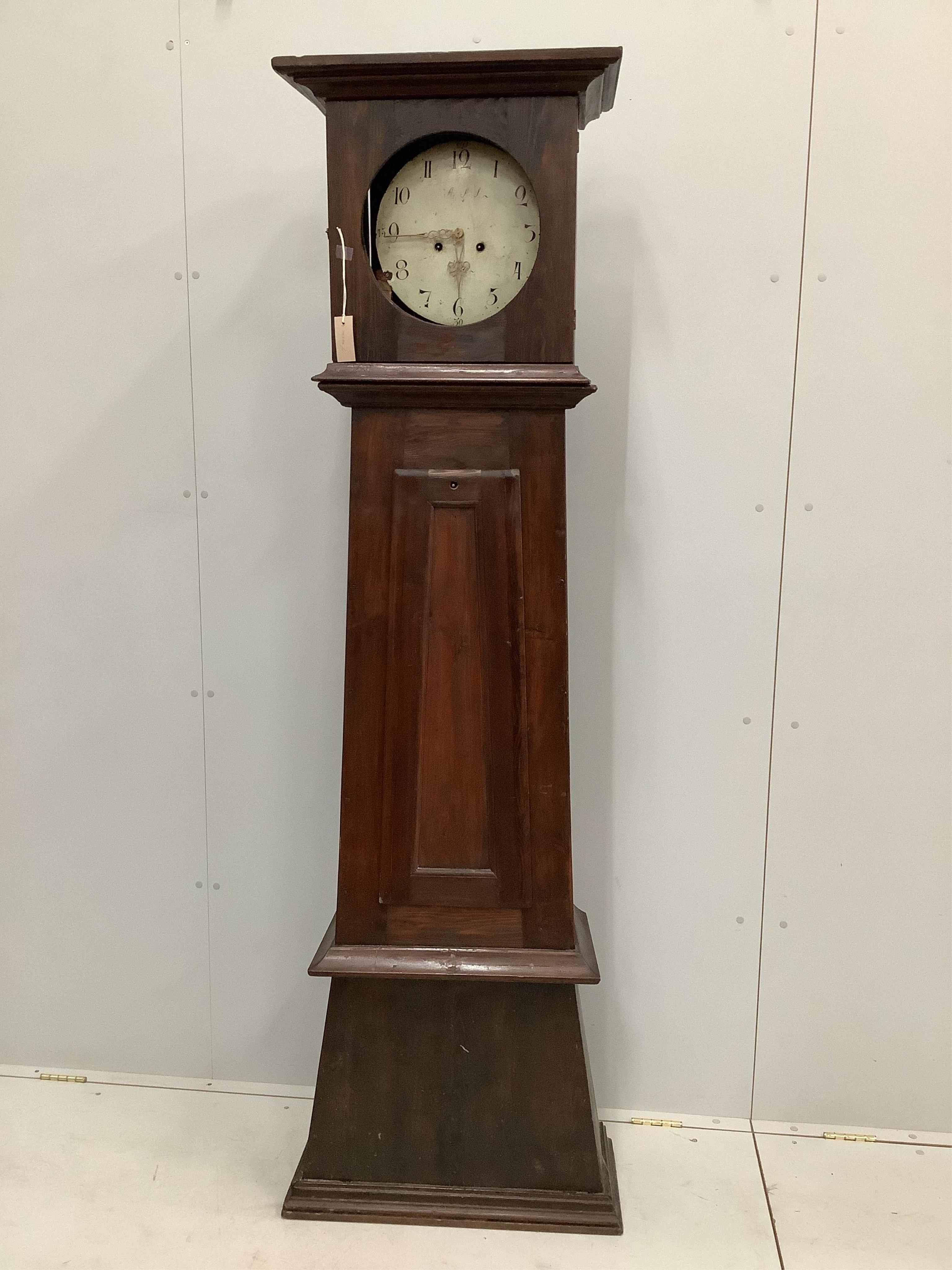 An 19th century Swedish Mora eight day longcase clock, with mechanism and later pine case, height 203cm